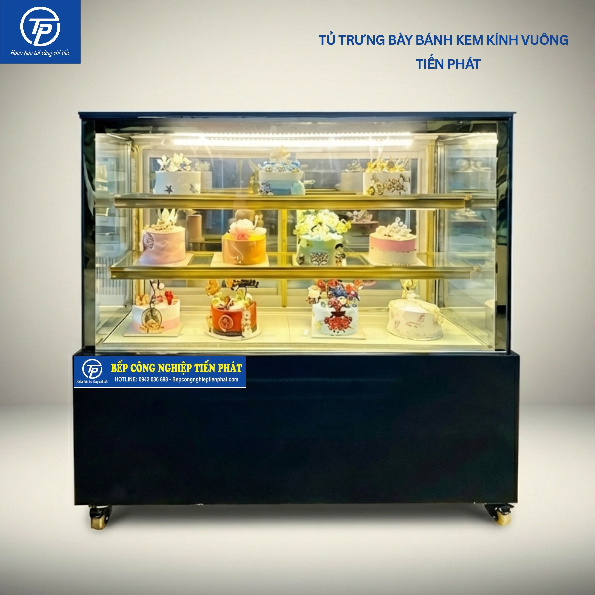 Tủ Trưng Bày Bánh Kem Kính Vuông 3 Tầng 150cm